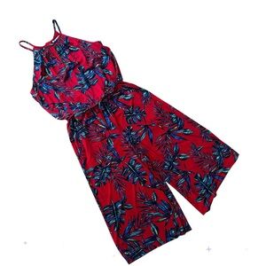 London Times Romper Red Tropical Print Size 10 EUC